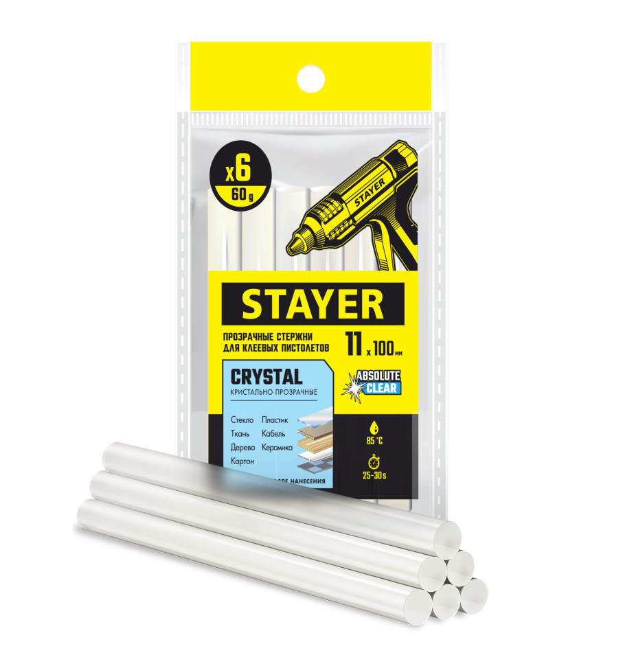 STAYER Cristal, 11 х 100 мм, 6 шт, прозрачные, универсальные клеевые стержни Professional (0682-H6)