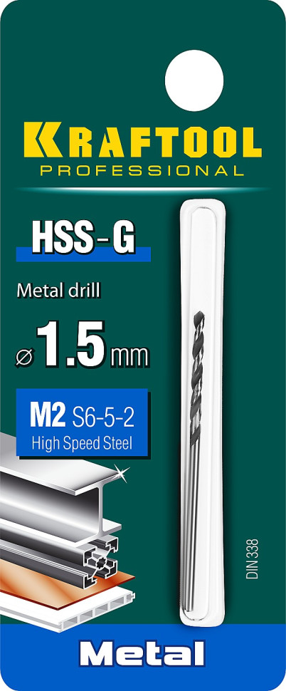 KRAFTOOL HSS-G, 1.5 х 43 мм, сталь P6M5, сверло по металлу (29651-1.5)