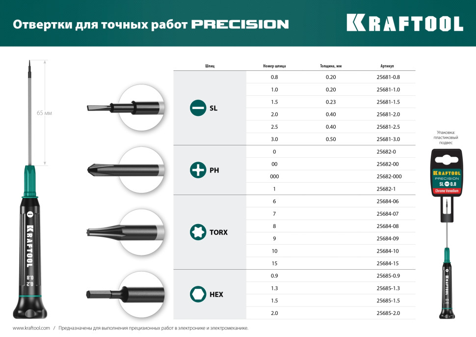 KRAFTOOL Precision PH00, отвертка для точных работ (25682-00)