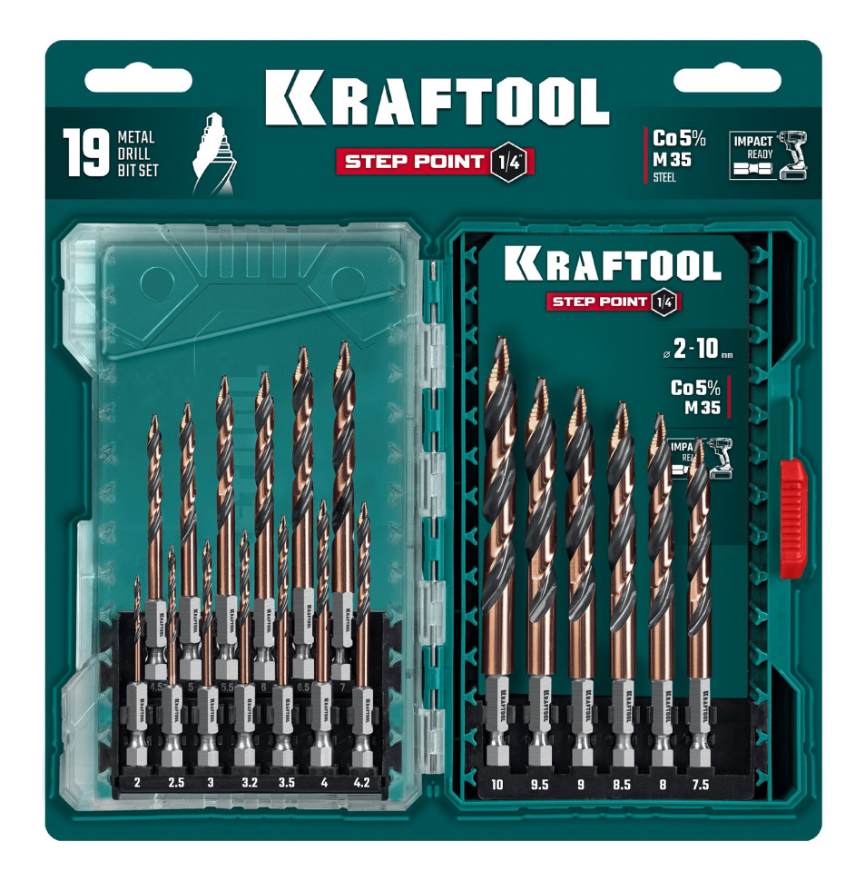 KRAFTOOL STEP POINT, 19 шт, набор сверл по металлу для винтовёртов и шуруповертов IMPACT READY (29653-H19)
