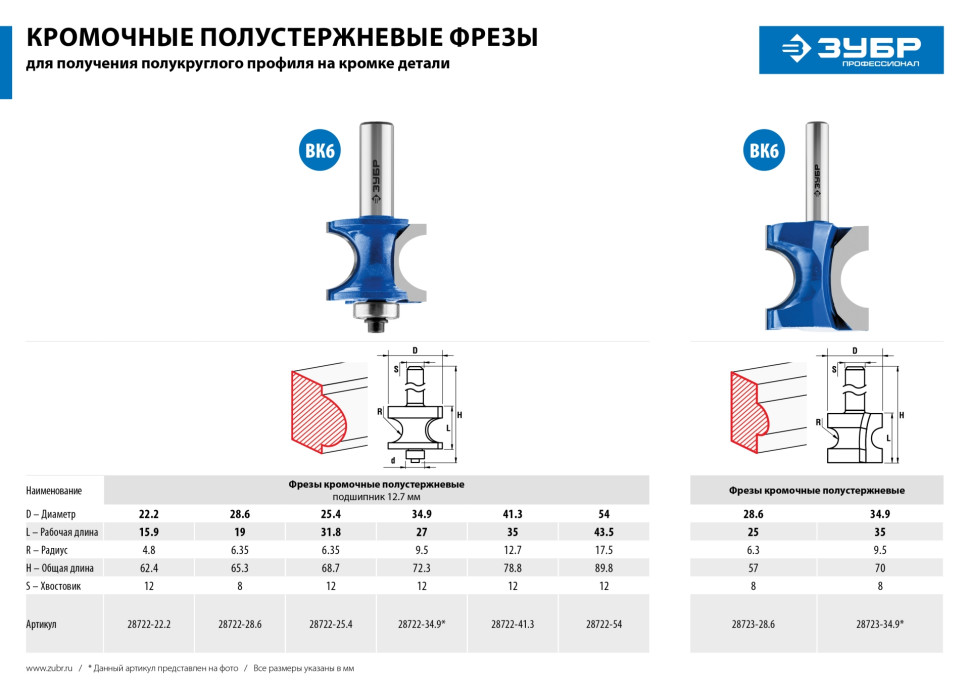 ЗУБР 22.2 x 25.4 мм, радиус 4.8 мм, фреза полустержневая с подшипником, Профессионал (28722-22.2)