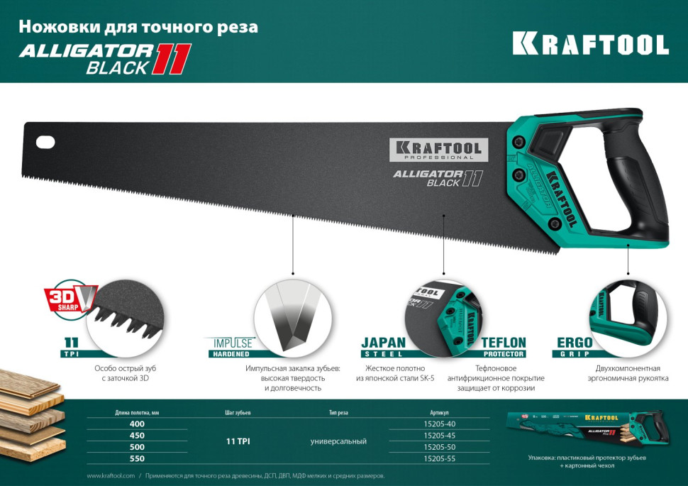 KRAFTOOL Alligator Black 11, 500 мм, ножовка для точного реза (15205-50)