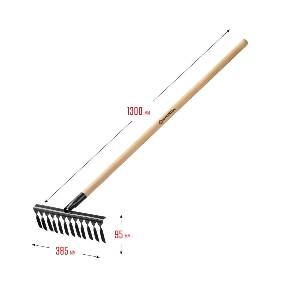 GRINDA GS-12 WOOD, 385 х 95 х 1300 мм, 12 витых зубцов, углеродистая сталь, антикор. покрытие, черенок дерев. высш. сорт, садовые грабли(39581-12)