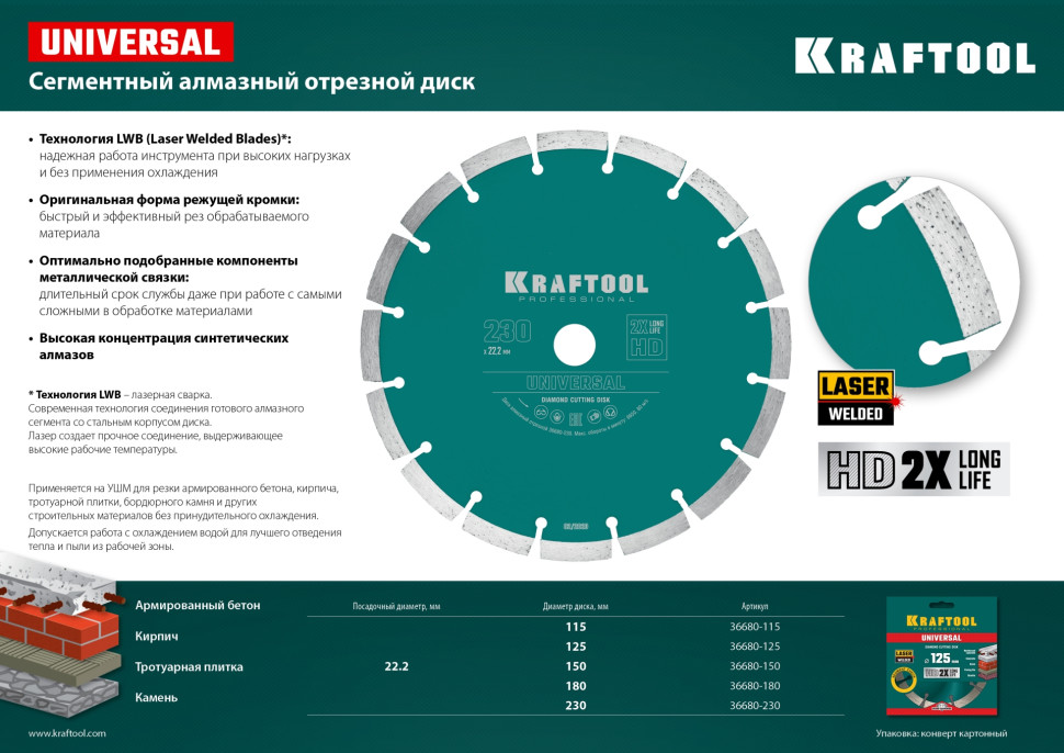 KRAFTOOL LASER-UNIVERSAL 230 мм (22.2 мм, 10х2.8мм), алмазный диск (36680-230)