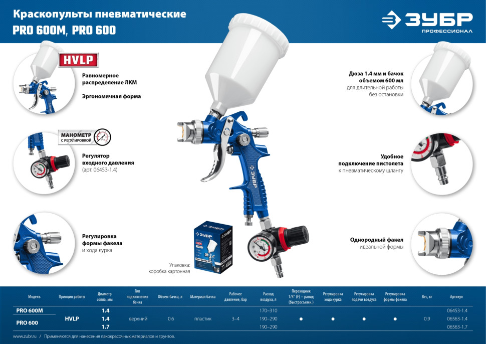 ЗУБР PRO 600, HVLP, 1.7 мм, пневматический краскопульт с верхним бачком, Профессионал (06563-1.7)