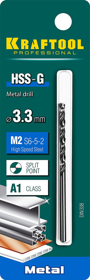 KRAFTOOL HSS-G, 3.3 х 65 мм, сталь P6M5, сверло по металлу (29651-3.3)