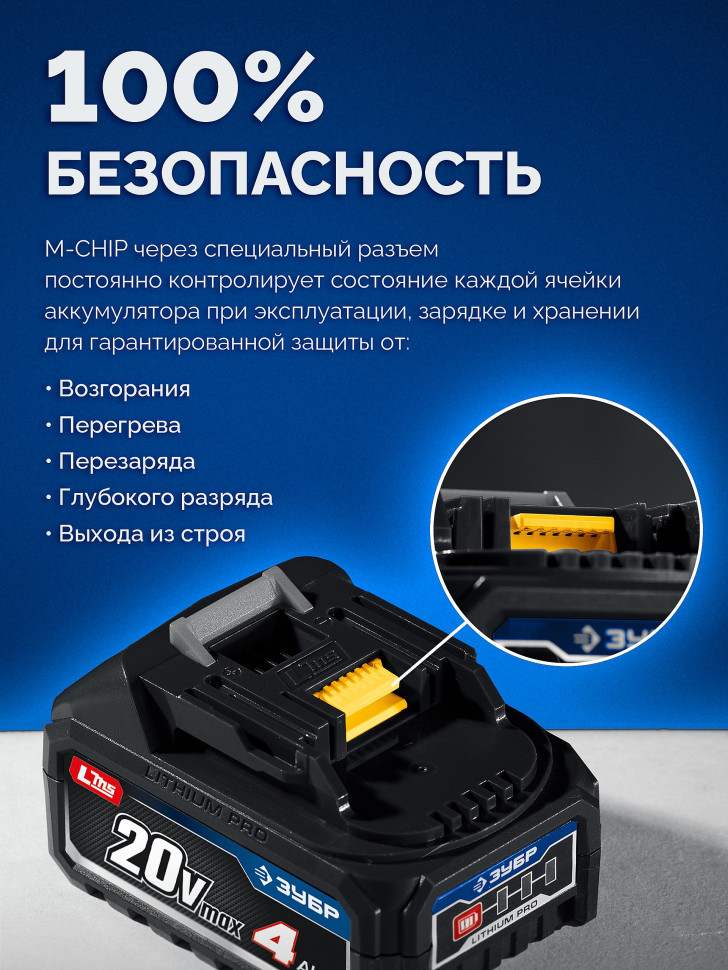 ЗУБР 20 В, 800 Н·м, 2 АКБ LMS (4 А·ч), бесщеточный ударный гайковерт, кейс, ПРОФЕССИОНАЛ (GB-800-42)