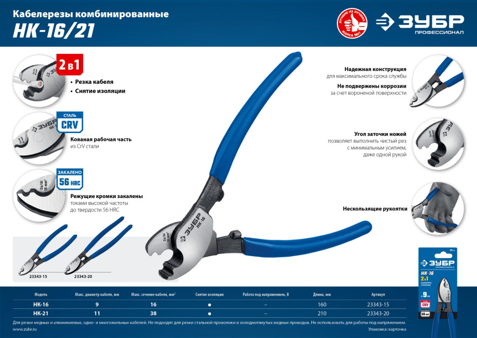 ЗУБР НК-21, d 11 мм, 210 мм, кабелерез, Профессионал (23343-20)