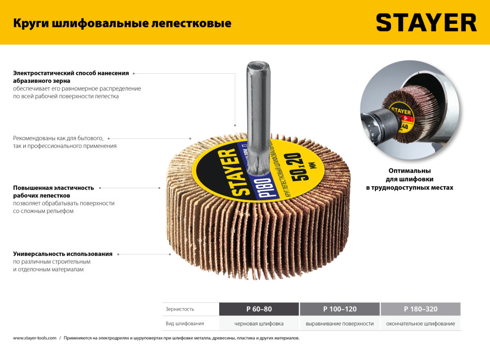 STAYER d 50 x 20 мм, P60, на шпильке d 6 мм, круг шлифовальный лепестковый (36607-060)