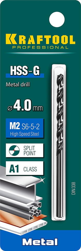KRAFTOOL HSS-G, 4.0 х 75 мм, сталь P6M5, сверло по металлу (29651-4)